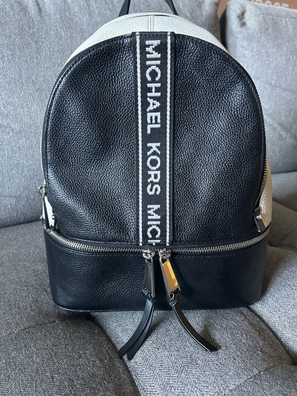 Michael Kors Black and White Logo Center-Stripe Backpack